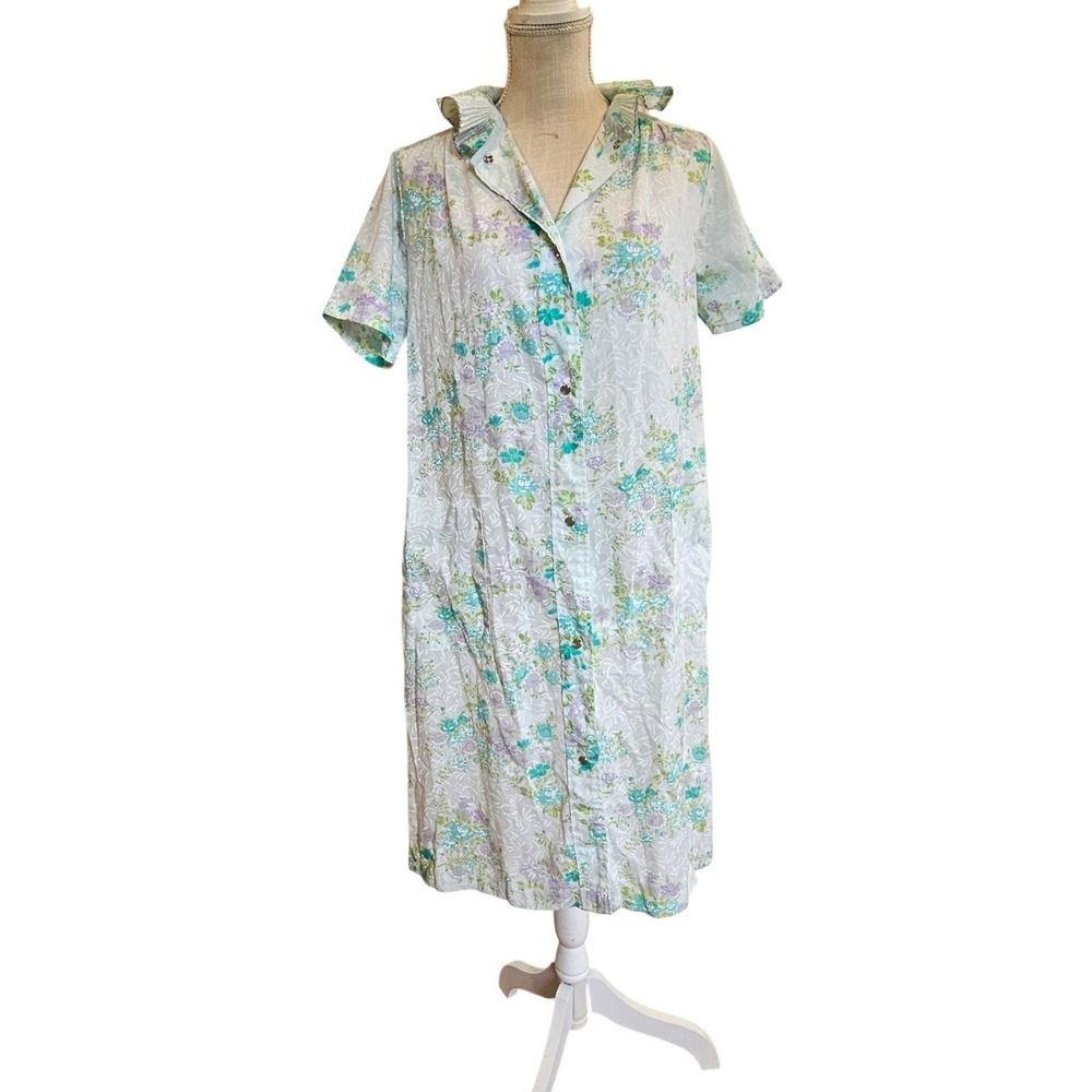 Vintage Mitchell House Dress Floral Snap Front Ruffle Collar USA 70's nightgown